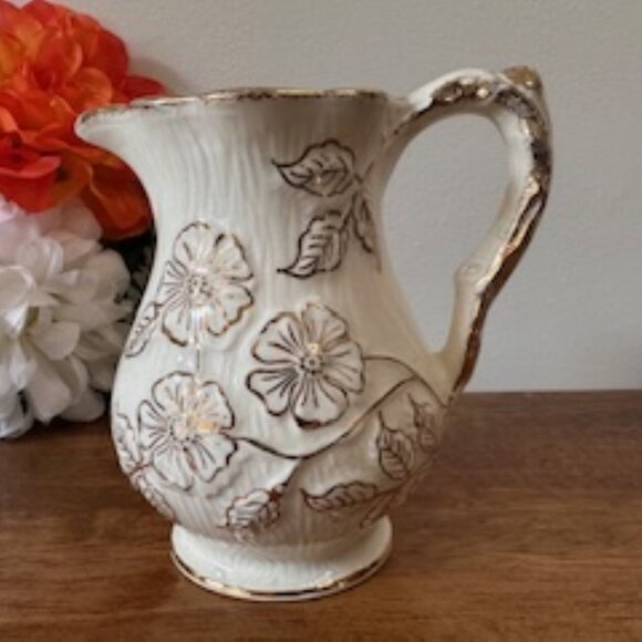 Vintage James Kent Ceramic Floral Pitcher Vase English Cottagecore Jug Gold - Picture 1 of 10